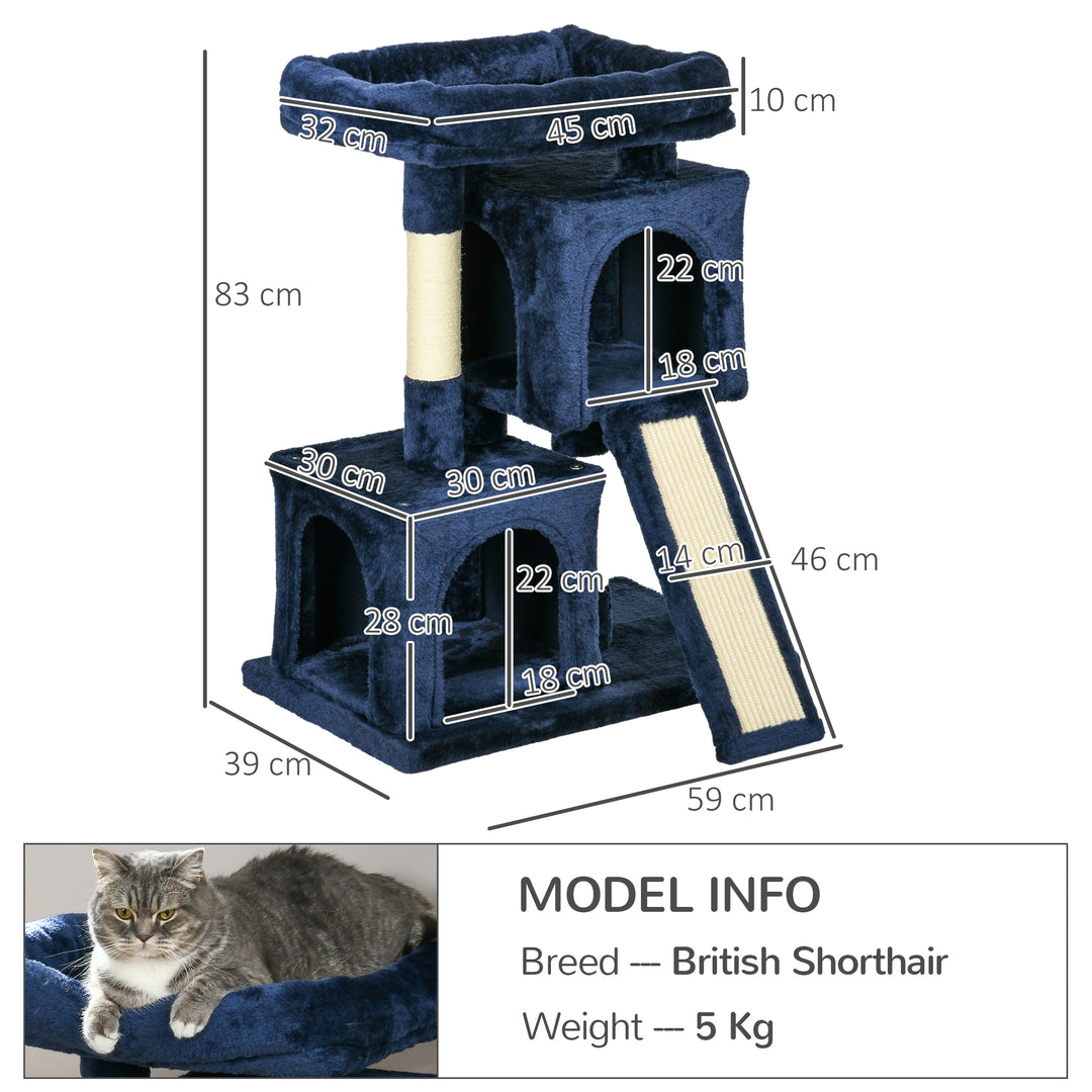 PawHut Sisal Cat Activity Tree, Rest & Play Centre with 2 Houses, Durable, Navy Blue | Aosom UK