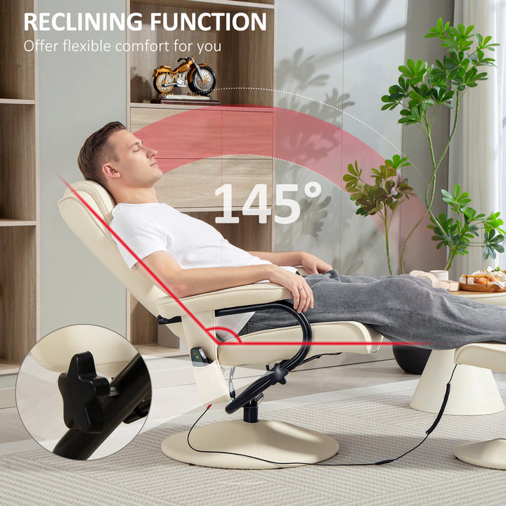 Swivel Recliner Chair and Footstool, Faux Leather Massage Recliner Armchair with Remote Control and Round Wrapped Base, Cream White