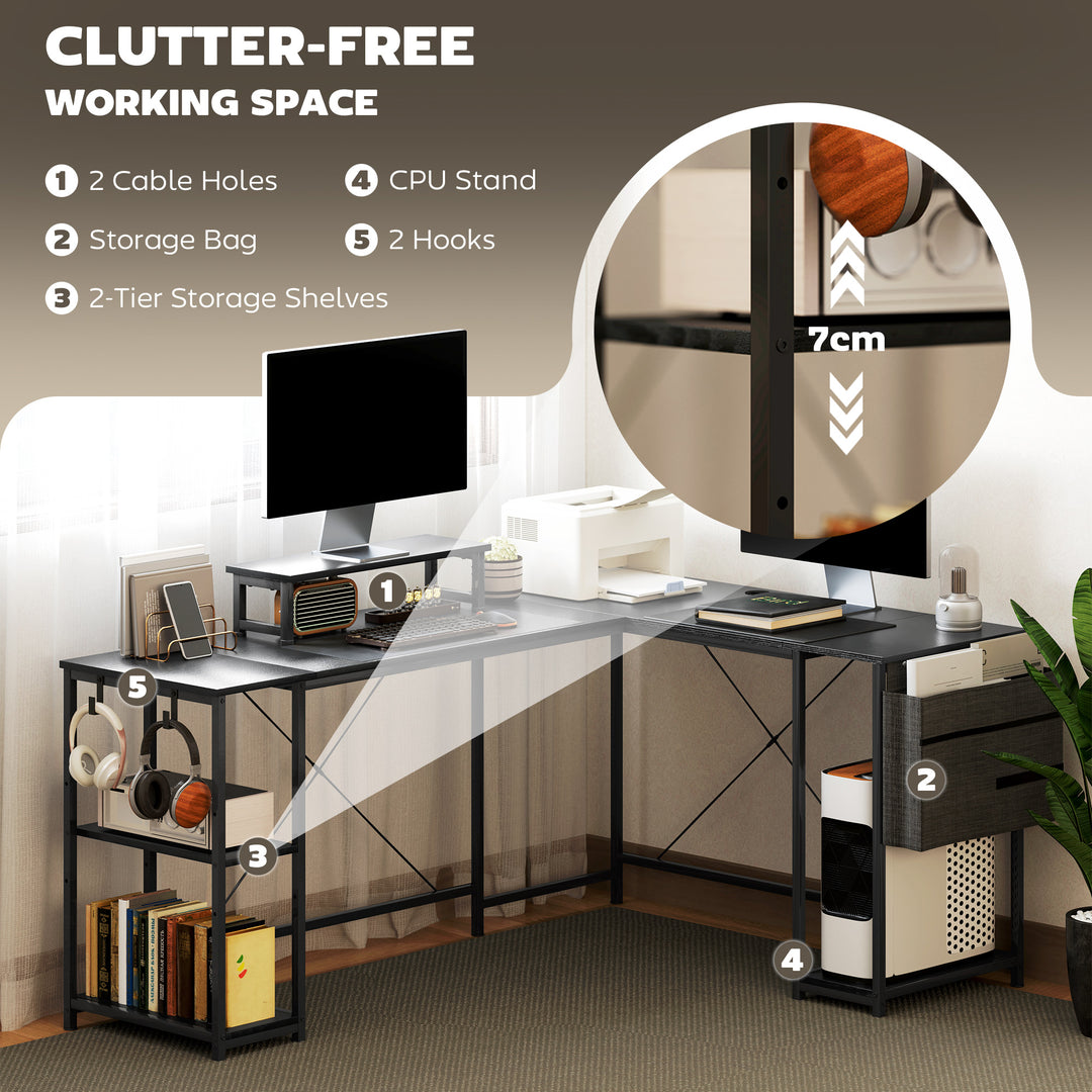 168cm Reversible L Shaped Desk, Industrial Corner Computer Desk with Adjustable Shelf and Storage Bag, 240cm 2 Person PC Table with Monitor Stand, Black