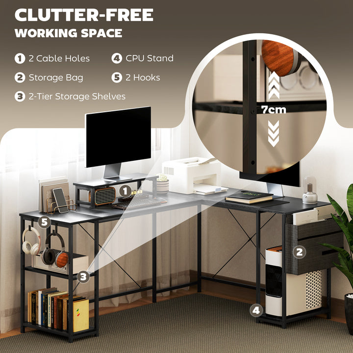 168cm Reversible L Shaped Desk, Industrial Corner Computer Desk with Adjustable Shelf and Storage Bag, 240cm 2 Person PC Table with Monitor Stand, Black