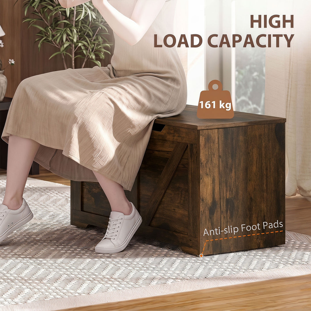 100L Home Storage Box, with Safety Hinge - Rustic Brown Wood-Effect
