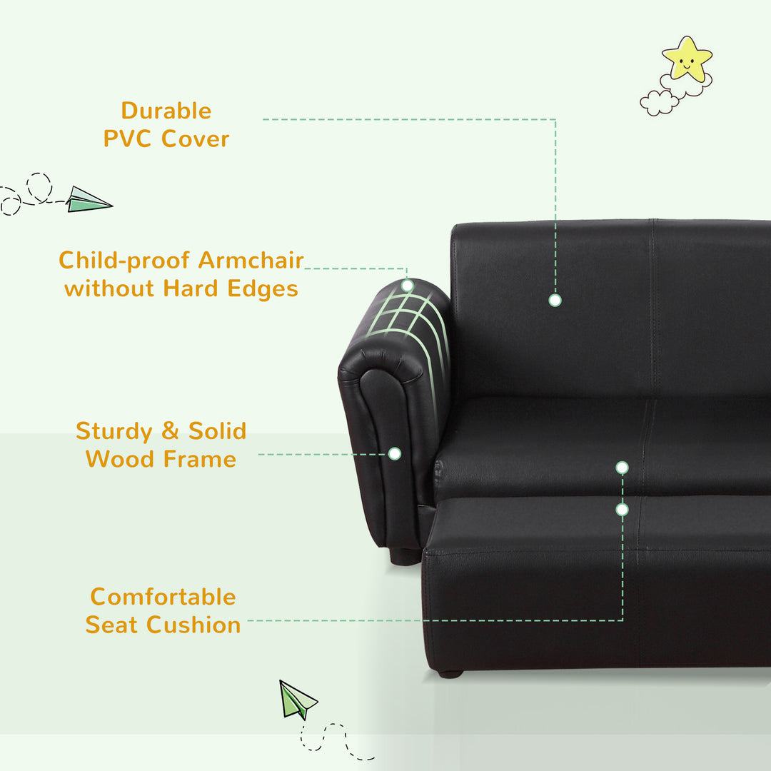 Kids Sofa Bed Kids Twin Sofa Toddler Chair 2 Seater Kids Twin Sofa Chair Boys Girls Couch w/ Footstool (Black)
