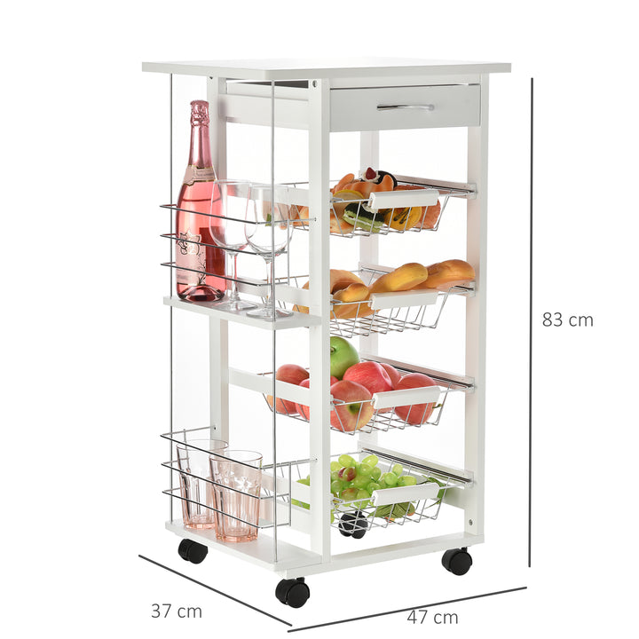 Rolling Kitchen Cart, Utility Storage Cart with 4 Basket Drawers & Side Racks, Wheels for Dining Room, White