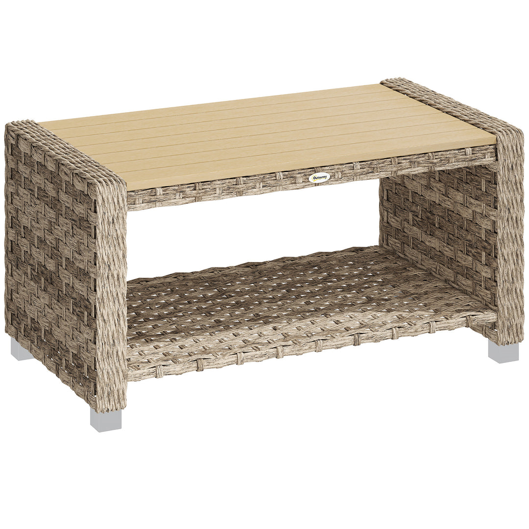 Outdoor Coffee Table with Storage Shelf, PE Rattan Side Table with Sla