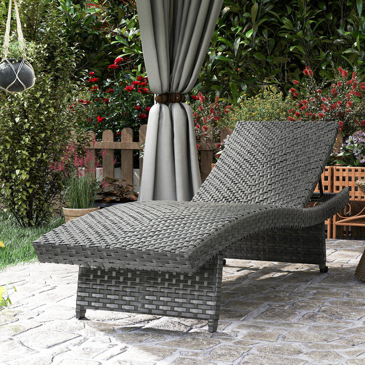 Outdoor PE Rattan Sun Lounger, Folding Wicker Garden Lounger Recliner with 4-Level Adjustable Backrest, Rolling Sunbed Lounge Chair with Wheels, Non-Slip Legs for Balcony, Beach, Mixed-grey