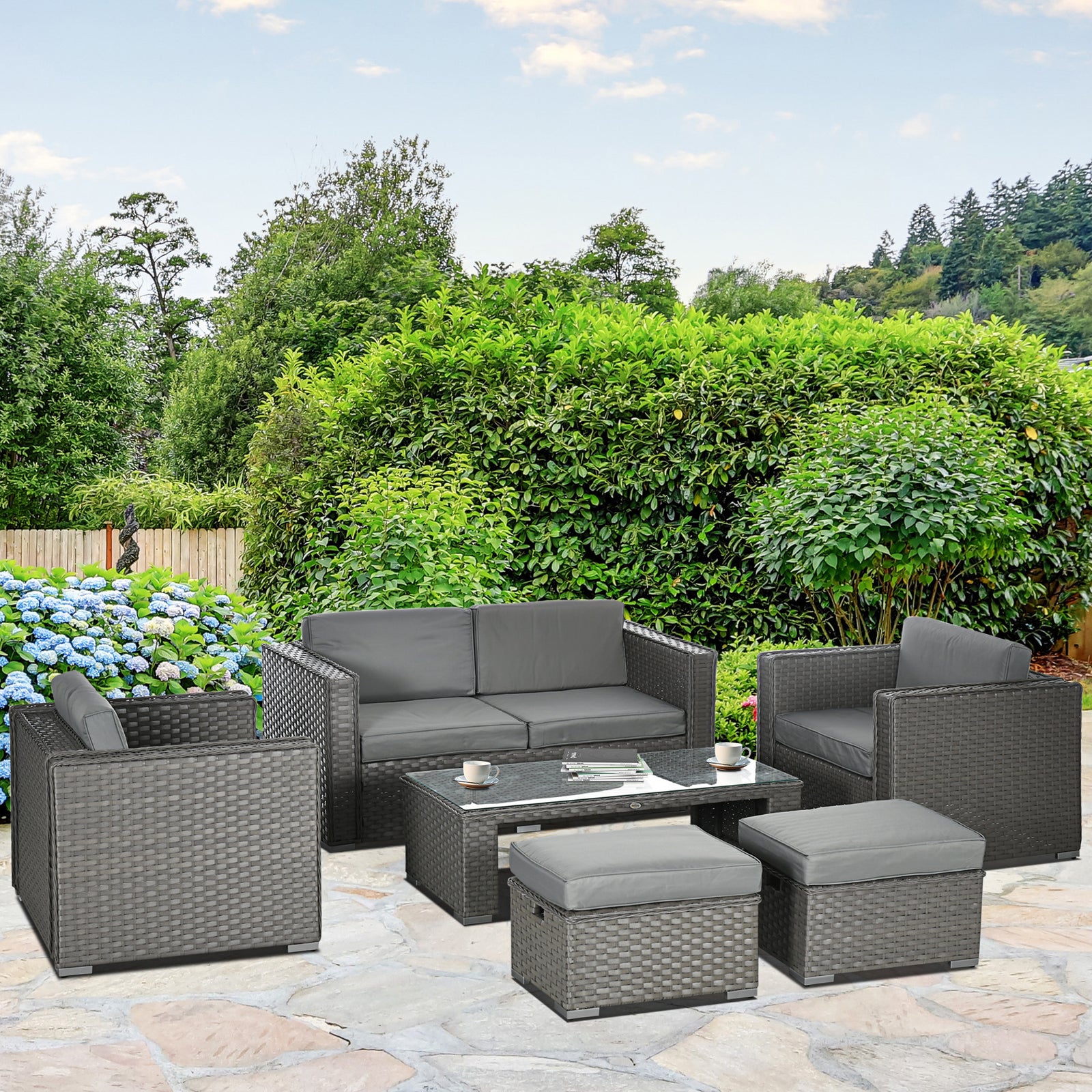 6PC Garden Rattan Sofa Set Bonzer Outdoor Furniture Patio Table Loveseat Stool Lounging Ottoman Aluminium Frame Wicker Weave Conservatory Grey