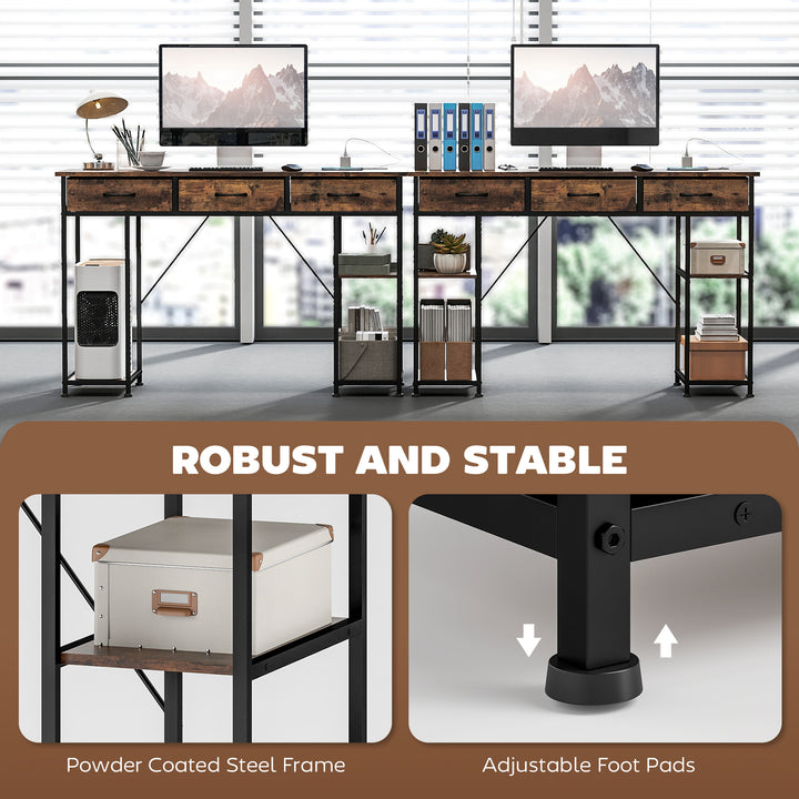 120cm Computer Desk with Power Outlets, Office Desk Study Table with Fabric Drawers and Storage Shelves, Rustic Brown
