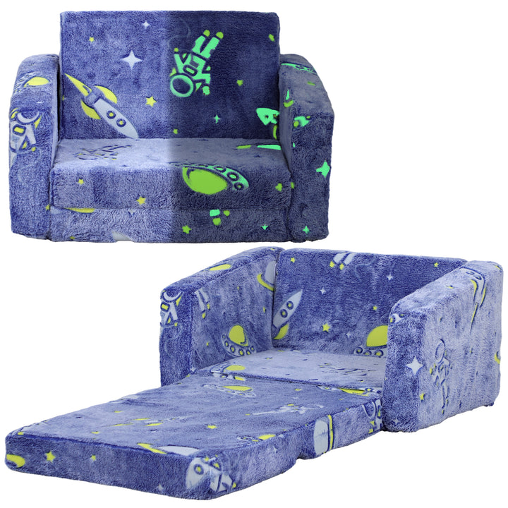 AIYAPLAY Childrens Sofa Beds 2 in 1 Kids Foldable Chair Bed with Glow in The Dark Cosmic Design, Washable Cushion and Cover, Blue | Aosom UK