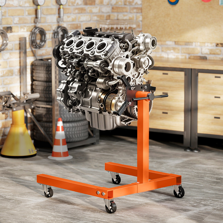 Engine Stand, 570 kg Rotating Engine Stand with 360 Degree Adjustable Head, 4 Mounting Arms, Heavy Duty Steel Support, Universal Wheels for Garage Workshop Auto Repair, Orange