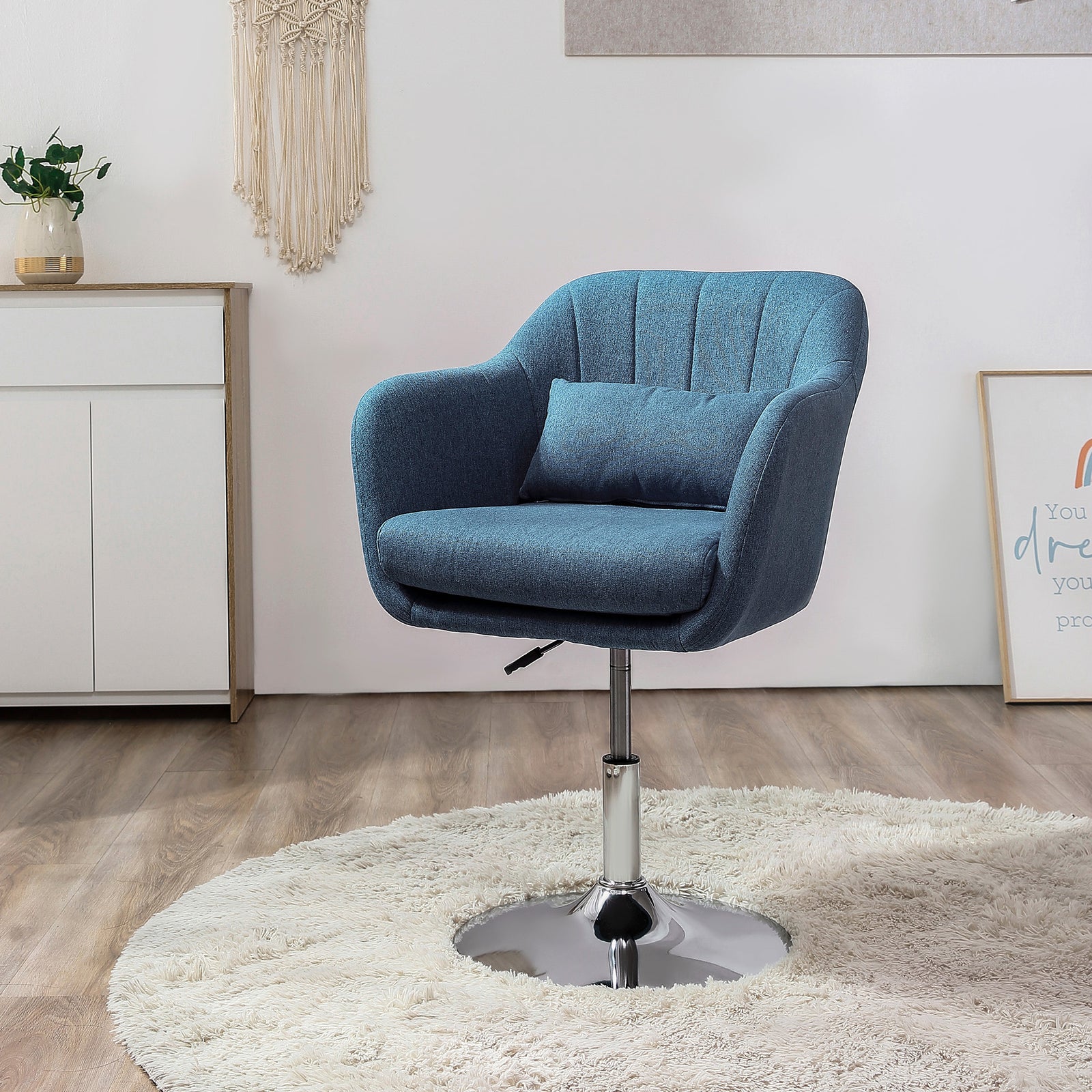 Swivel Linen Fabric Accent Chair for Living Room Contemporary Vanity Armchair with Adjustable Height Thick Cushion Lumbar Support Armrest for Bedroom Office Blue