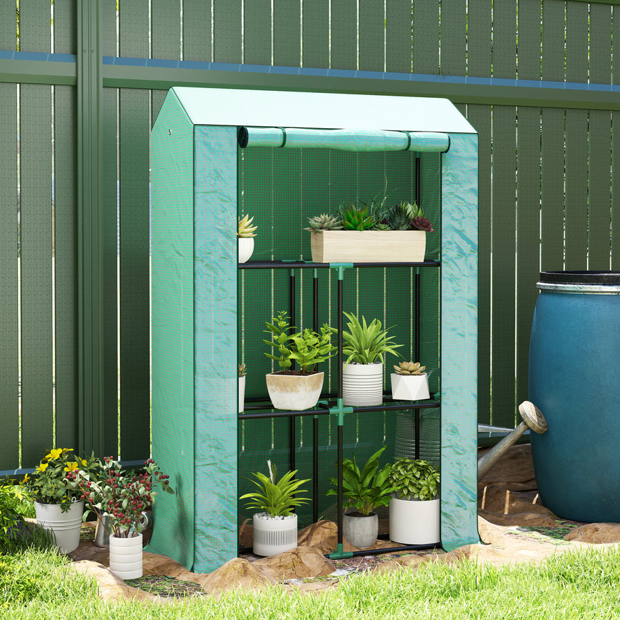 40 x 100cm Three Shelf Steel Frame Greenhouse - Green