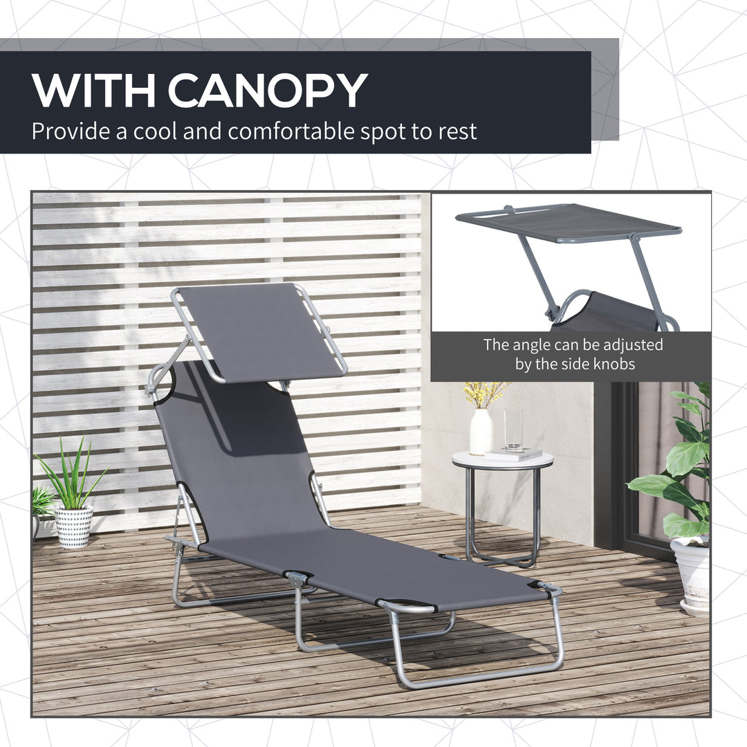 2 Pieces Outdoor Foldable Sun Lounger, 4 Level Adjustable Backrest Reclining Sun Lounger Chair with Angle Adjust Sun Shade Awning for Beach, Garden, Patio, Dark Grey