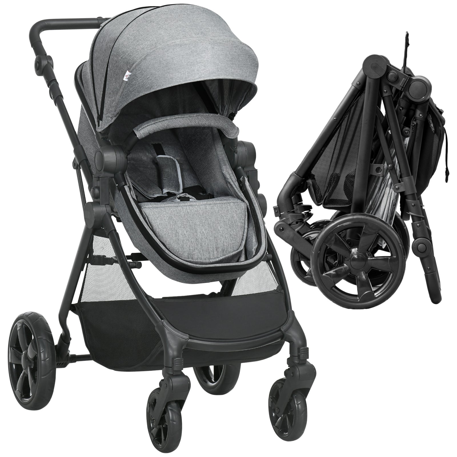 Foldable Baby Stoller, with Reclining Backrest, Adjustable Canopy, for Ages 0-36 Months - Grey