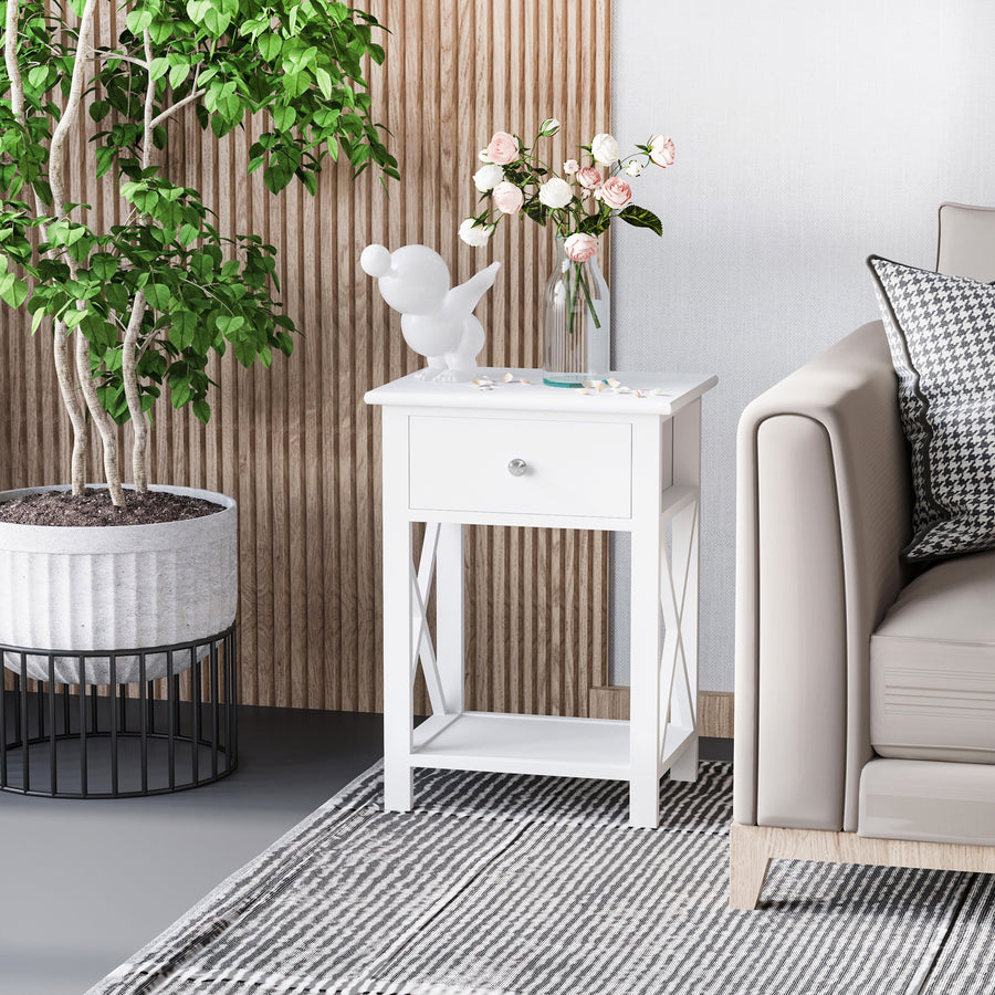 End Table, Sofa Side Table with Drawer X Bar Bottom Storage Shelf, Nightstand Bedside Table for Bedroom or Living Room White