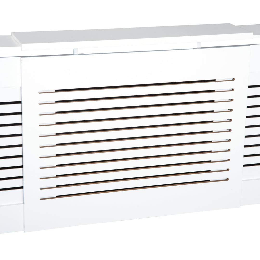 MCL MDF Extendable Radiator Cover Cabinet Shelving Home Office Slatted Design White 139-208.5L x 20.5W x 82.5H cm