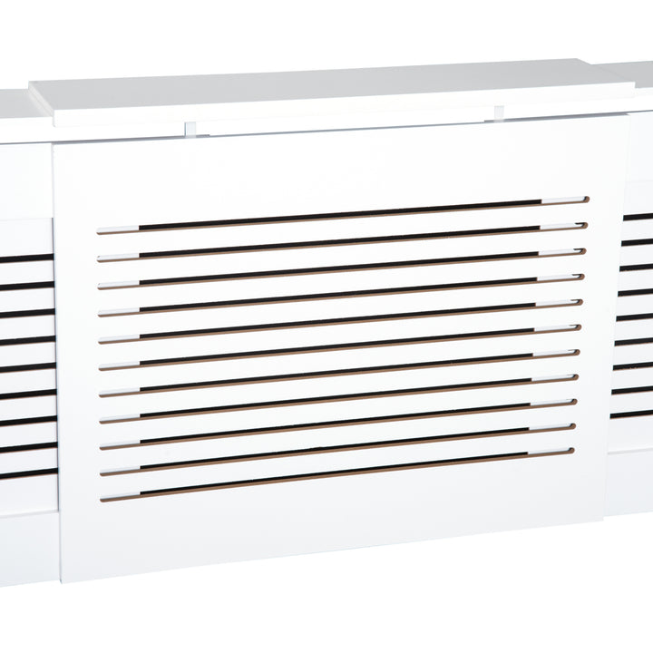 MCL MDF Extendable Radiator Cover Cabinet Shelving Home Office Slatted Design White 139-208.5L x 20.5W x 82.5H cm