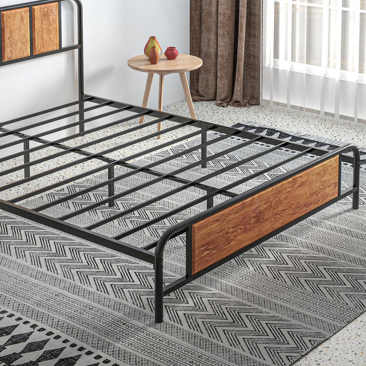 5.2ft King Bed Frame with Industrial Wood Headboard, Steel Slat Support and 31cm Underbed Storage Space, 160 x 207cm, Rustic Brown