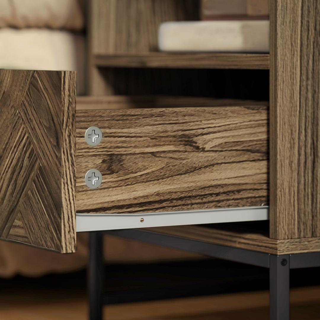 Bedside Table with Drawer and Shelf, Side End Table with Steel Legs for Living Room, Bedroom, Brown Wood Effect