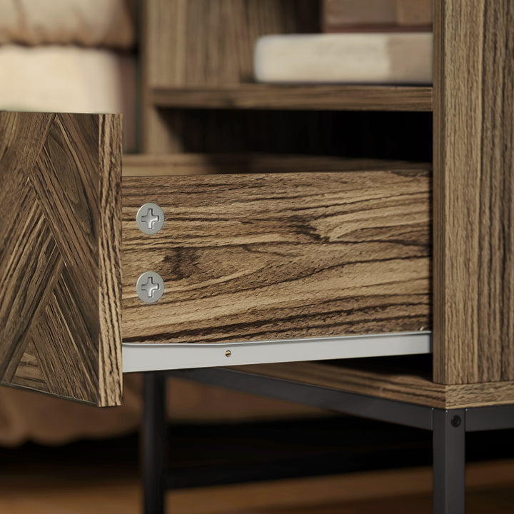 Bedside Table with Drawer and Shelf, Side End Table with Steel Legs for Living Room, Bedroom, Brown Wood Effect