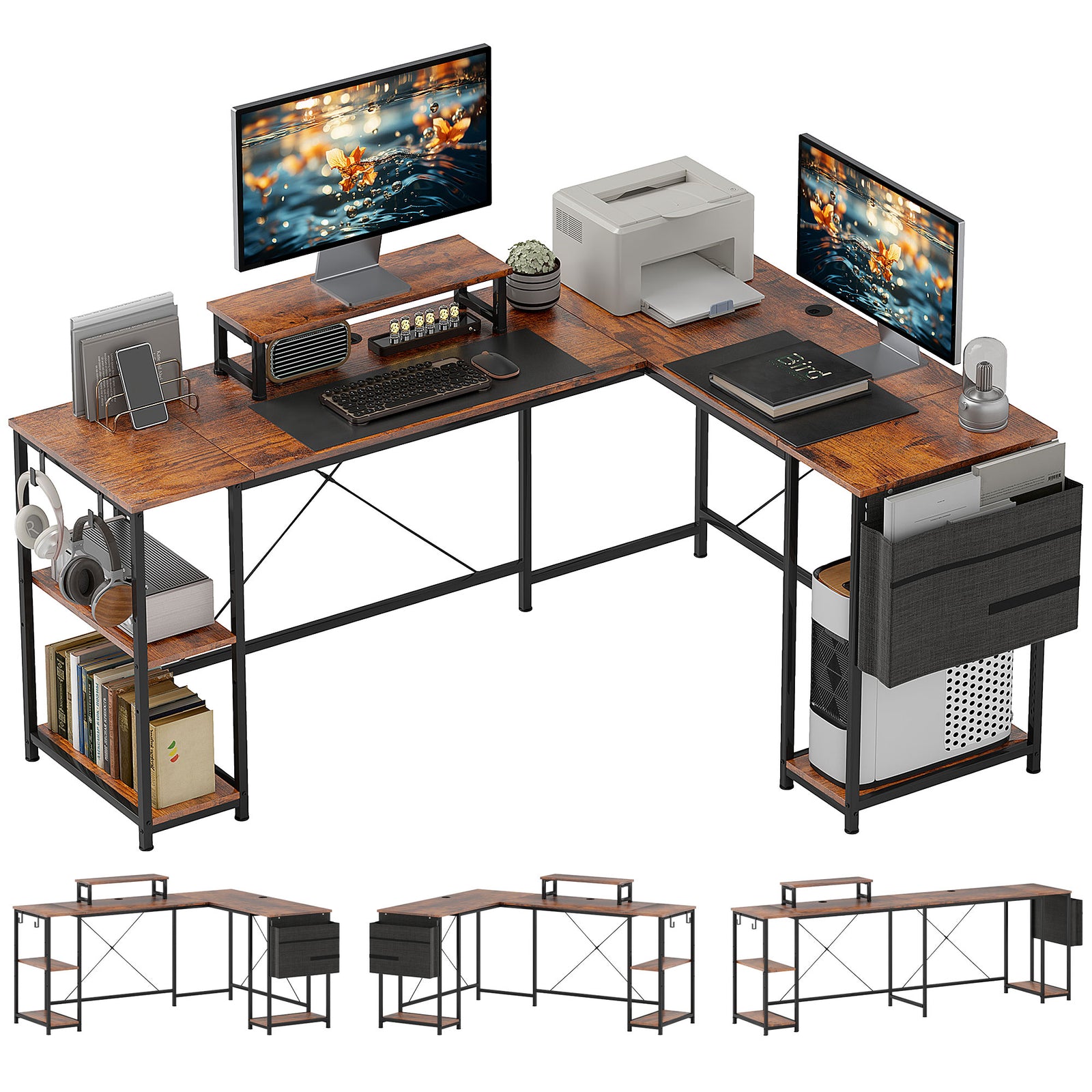 168cm Reversible L Shaped Desk, Industrial Corner Computer Desk with Adjustable Shelf and Storage Bag, 240cm 2 Person PC Table with Monitor Stand, Rustic Brown