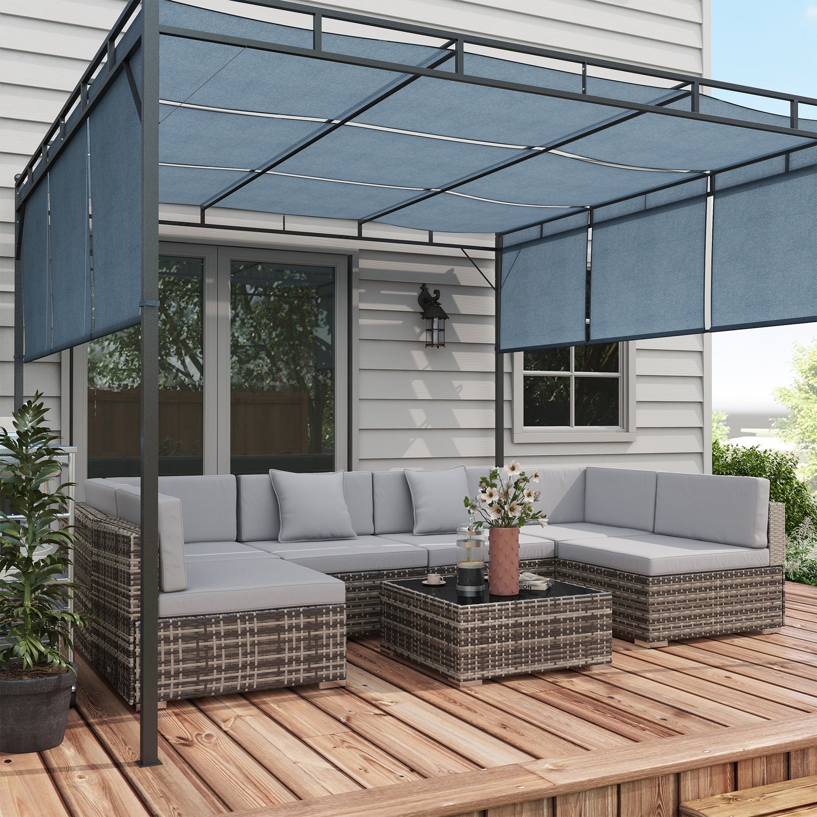 Seven-Piece Rattan Garden Set, with Glass-Top Table - Mixed Grey