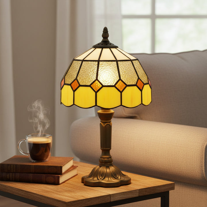 Handmade Art Deco Glass Table Lamp - White/Orange