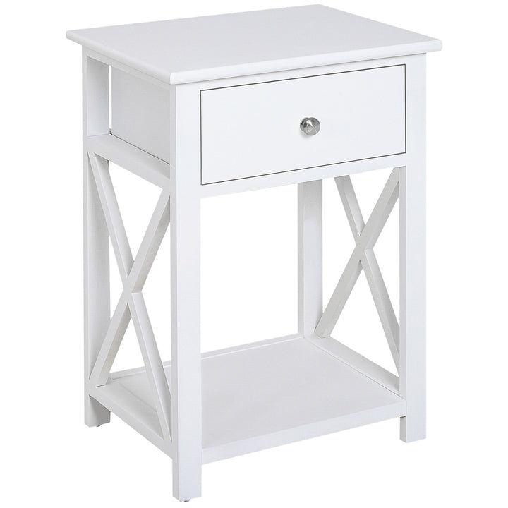 End Table, Sofa Side Table with Drawer X Bar Bottom Storage Shelf, Nightstand Bedside Table for Bedroom or Living Room White