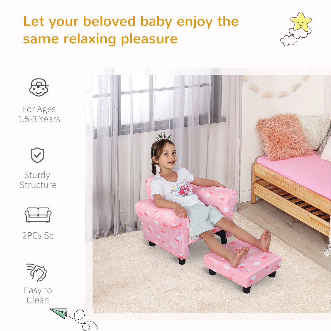 HOMCOM Kids Children Armchair Mini Sofa Wood Frame w/ Footrest Anti-Slip Legs High Back Arms Bedroom Playroom Furniture Cute Cloud Pink | Aosom UK