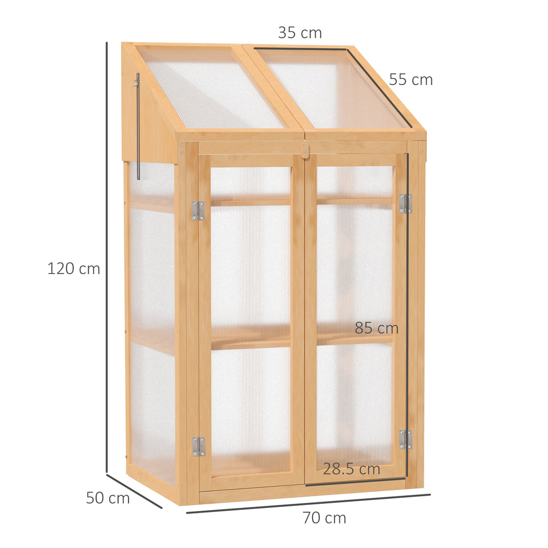 Outsunny Wooden Greenhouse, Cold Frame Grow House with Polycarbonate Semi Transparent Glazing, Openable Lid and Double Door, 70 x 50 x 120cm, Brown