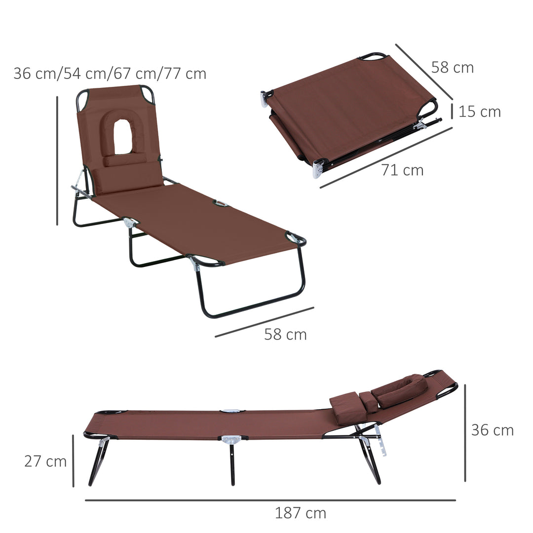 Outdoor Folding Sun Lounger with Face Hole, 4 Level Adjustable Backrest Reclining Garden Lounger, Garden Recliner Sunbed with 600 D Oxford Cloth Seat and Pillow for Beach, Brown