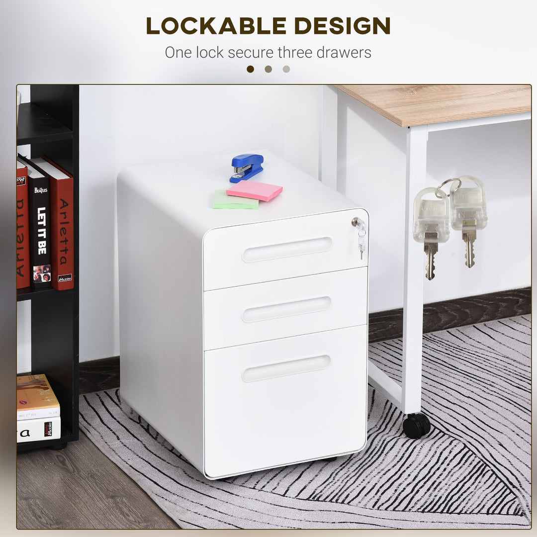 Lockable File Cabinet with 3 Drawers, Vertical Office Drawer for A4, Letter, Legal Size, Anti-tilt Design, Pre-Assembled Body, White