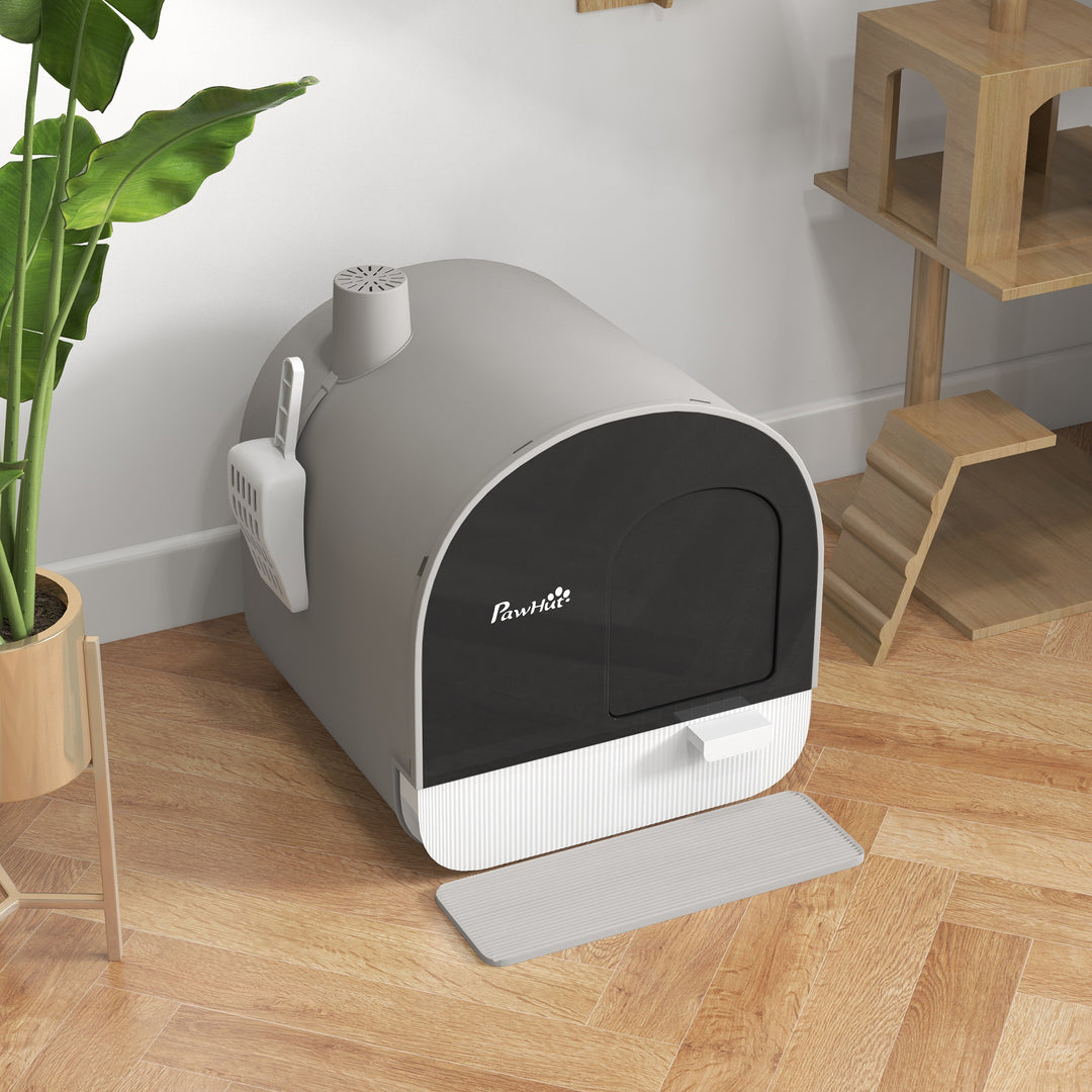 Hooded Cat Litter Box, Kitten Litter Tray, with Lid, Scoop, Filter, Flap Door, Light Grey