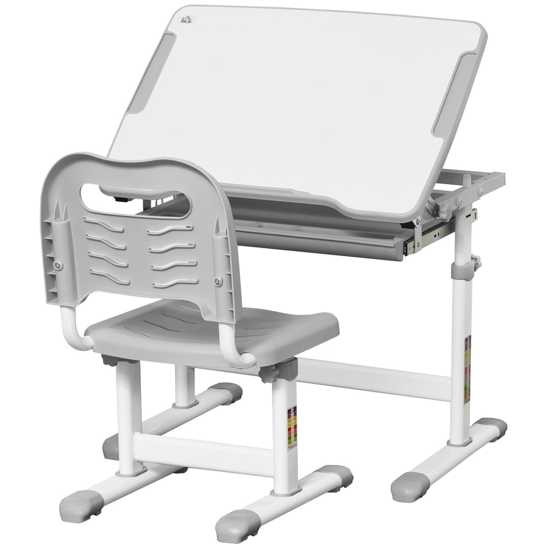 Kids Desk and Chair Set, Student Adjustable Writing Desk, with Drawer, Pen Slot, Hook - Grey