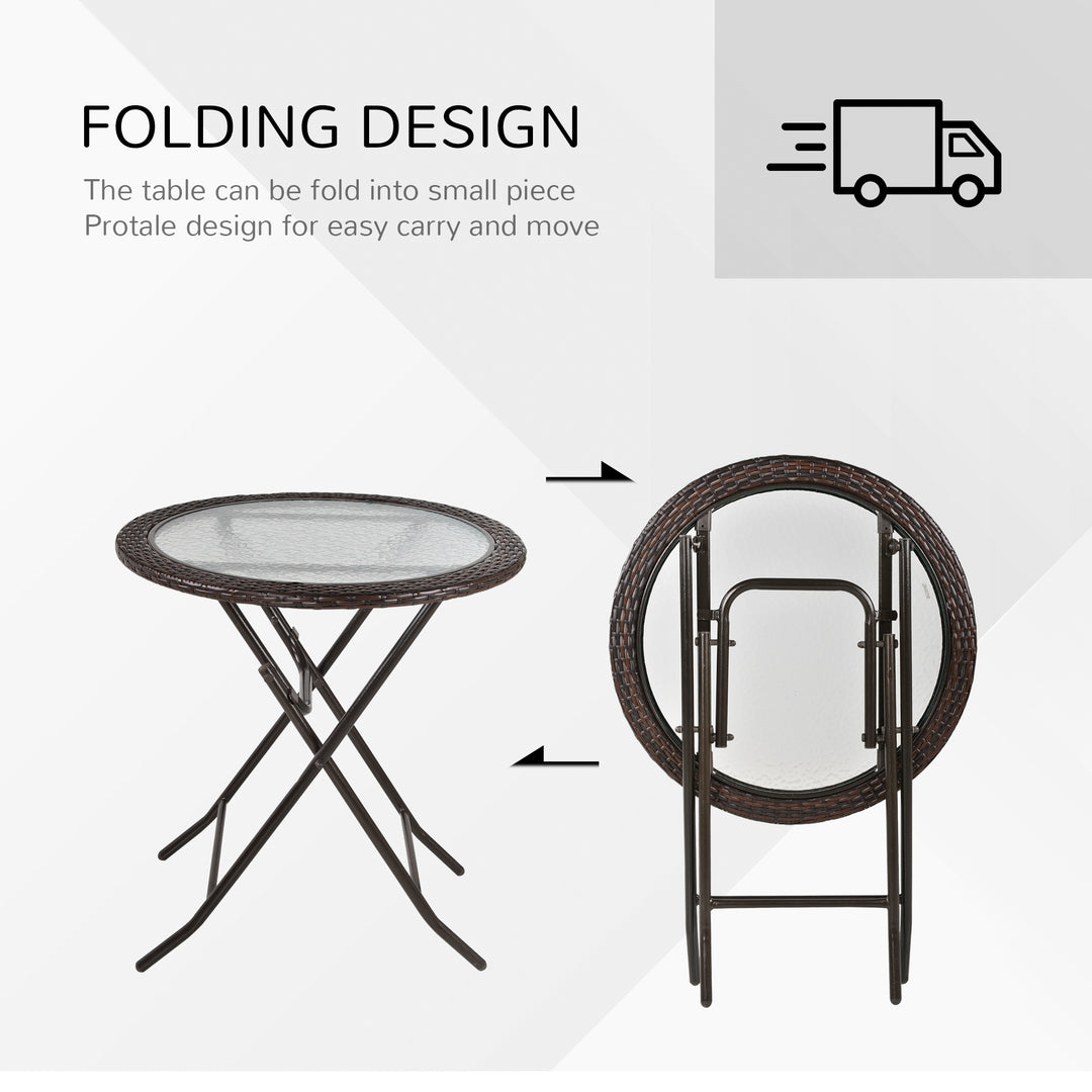 Folding Rattan Garden Dining Table, 68 cm Round Rattan Garden Table with Water Ripple Tempered Glass Top, Wicker Edging and Steel Frame for Outdoor, Patio, Brown