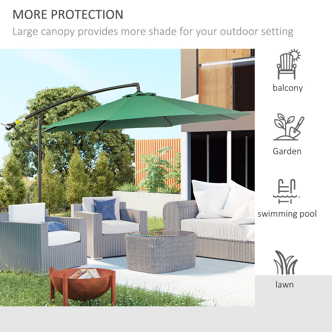 3(m) Banana Parasol Hanging Cantilever Umbrella with Crank Handle, 8 Ribs and Cross Base for Outdoor, Sun Shade, Dark Green