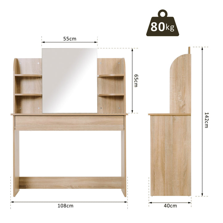 Modern Dressing Table Writing Desk W/ Mirror, Big Drawers, 2-Tier Open Shelf For Home Bedroom Natural
