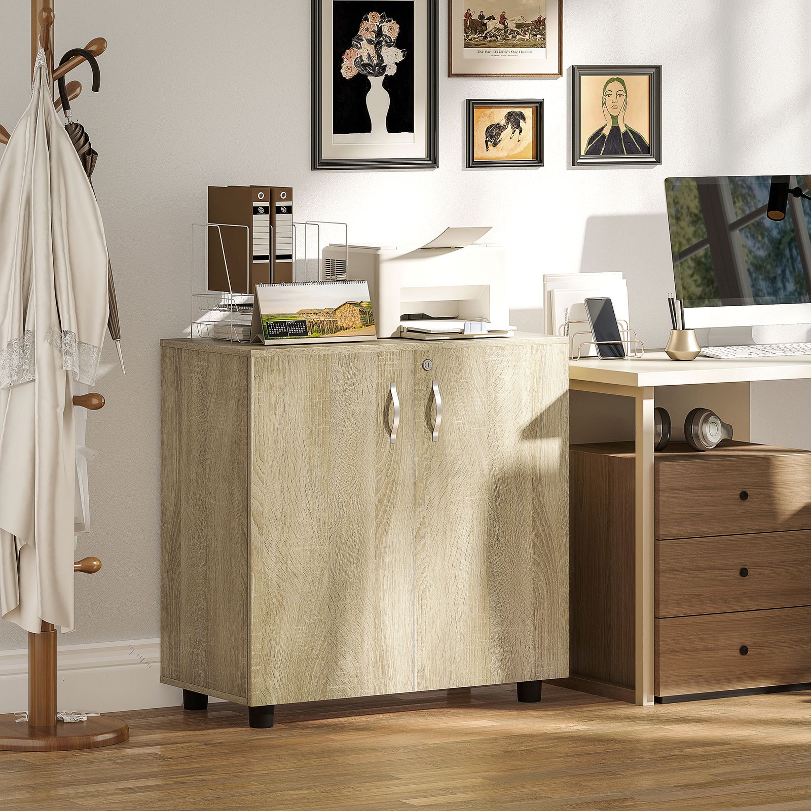 Two-Tier Locking Office Storage Cabinet - Oak