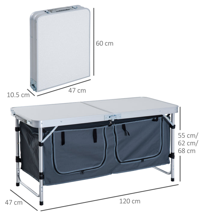 Outsunny 4ft Folding Camping Cupboard Kitchen, Height Adjustable Aluminium Camping Table with Storage, Lightweight Picnic Table for Outdoor Garden BBQ Party