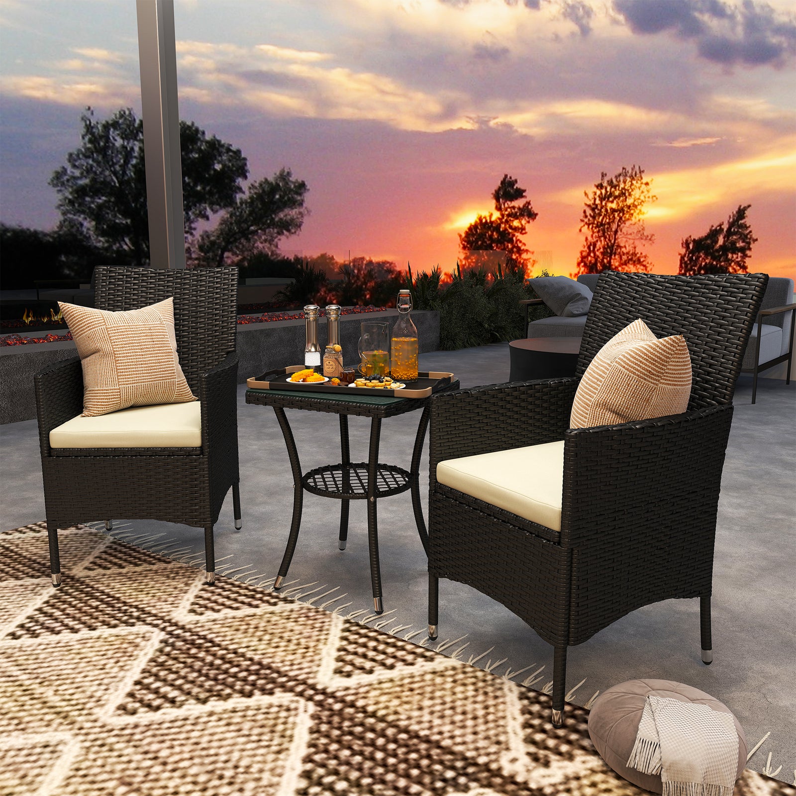 3 Pieces Rattan Bistro Set, Wicker Garden Furniture Set with 2-Tier Coffee Table and Chairs, Cushions, for Outdoor Patio Balcony, Black