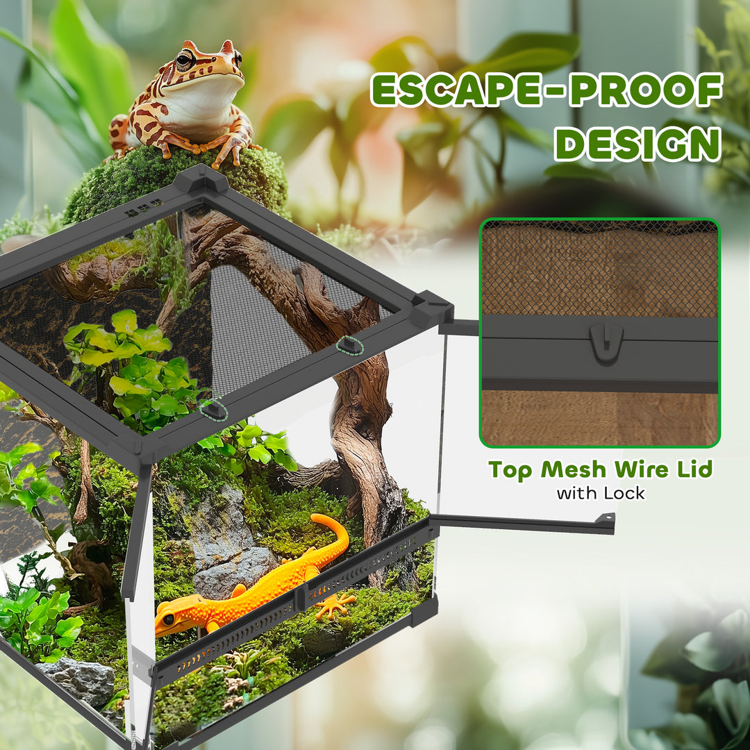 Reptile Glass Terrarium with Stone Background, Front Ventilation, Escape-Proof Knob Lock, 30 x 30 x 30 cm, Black