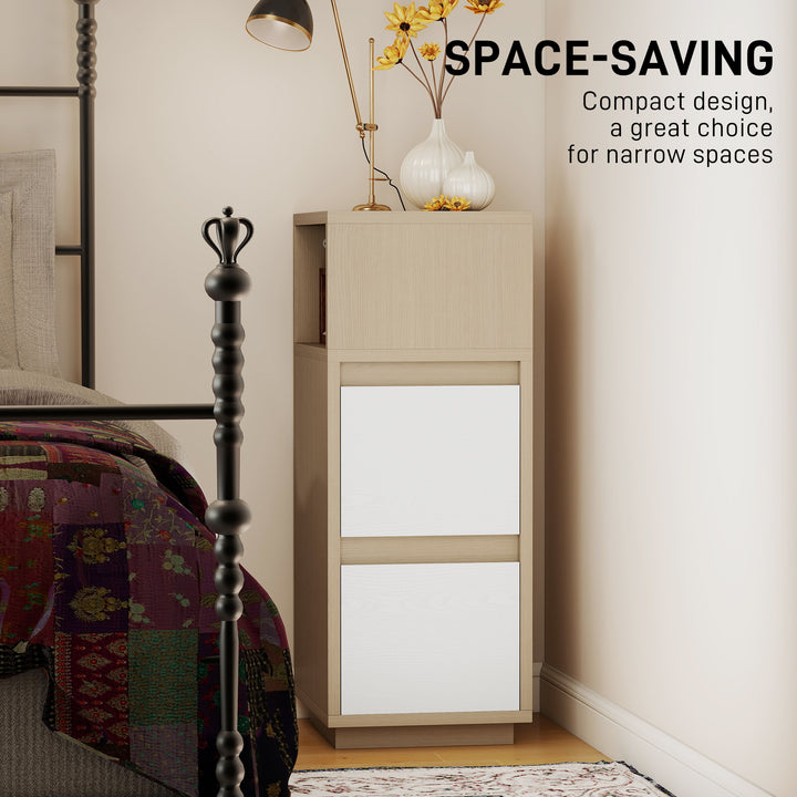 Slim Bedside Table, Narrow Bedside Cabinet with Open Shelf and 2 Drawers for Bedroom, Living Room