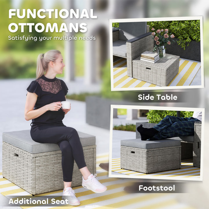 5 Piece Rattan Garden Furniture Set, Nesting Outdoor Furniture Conversation Set with 2 Footstools, WPC Storage Coffee Table and Cushions, Wicker Garden Sofa for Conservatory, Terrace, Grey