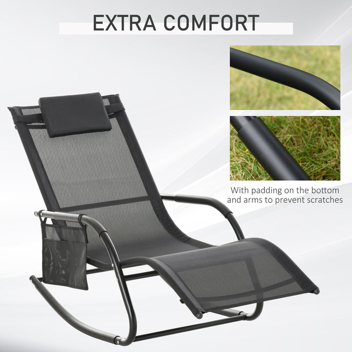 2PCs Outdoor Garden Rocking Chair, Patio Sun Lounger Rocker Chair with Breathable Mesh Fabric, Removable Headrest Pillow, Armrest, Side Storage Bag, Black