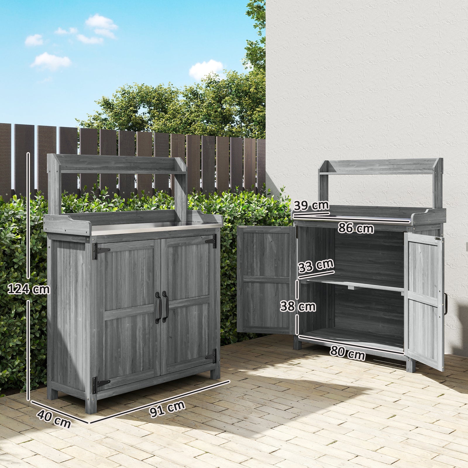 Wooden Potting Bench Table with Aluminium Worktop, Outdoor Garden Work
