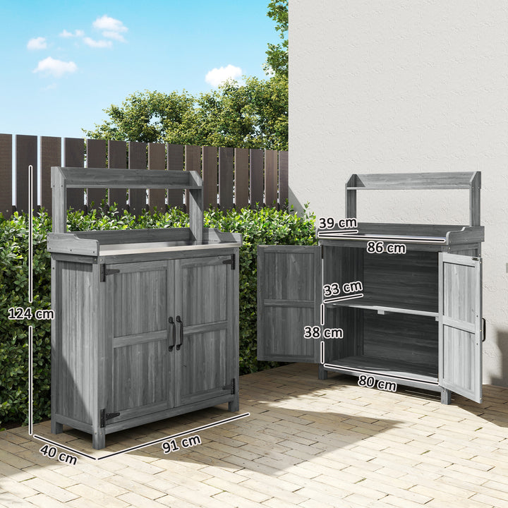 Wooden Potting Bench Table with Aluminium Worktop, Outdoor Garden Work