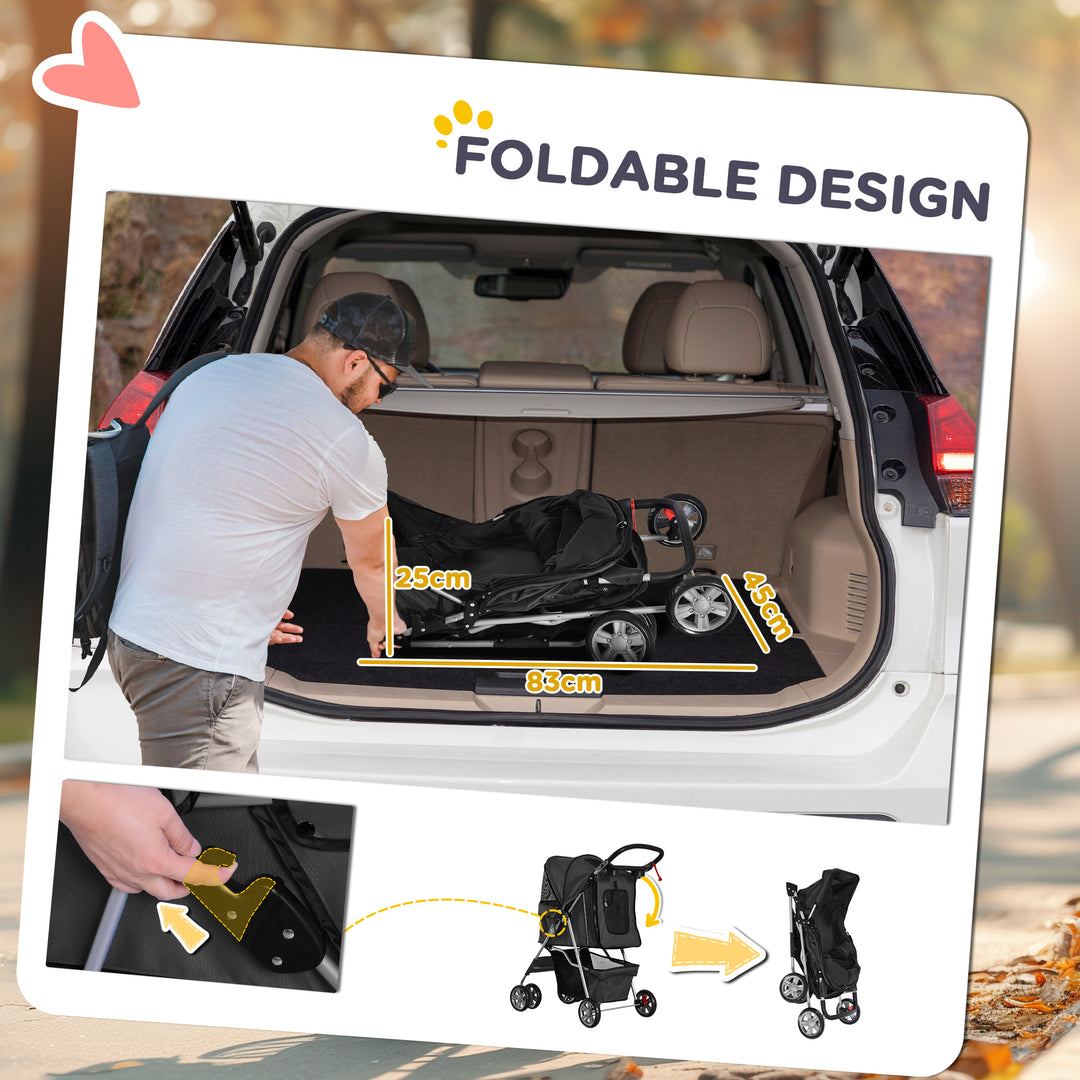 Pet Stroller for Small Miniature Dogs Cats Foldable Travel Carriage with Wheels Zipper Entry Cup Holder Storage Basket Black