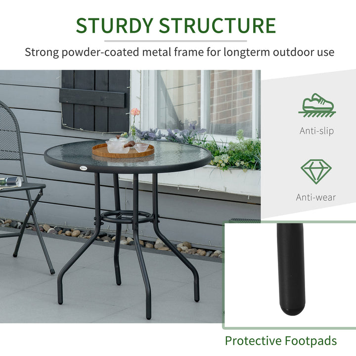 Outdoor φ80cm Round Dining Table Tempered Glass Top Steel Frame Bistro Coffee End Side Table Garden w/ Parasol Hole