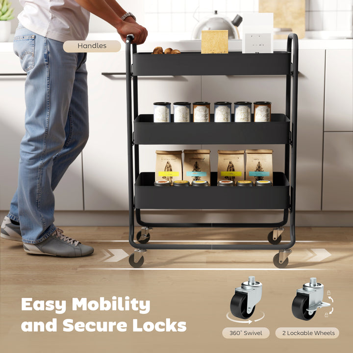 3-Tier Storage Trolley on Wheels, Rolling Utility Cart with Mesh Backets for Kitchen, Bathroom, Bedroom