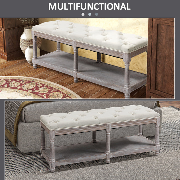 MCL 2-Tier Bed End Bench, Vintage Stool, Wooden Window Seat with Storage Shelf, Button Tufted Upholstered Footstool for Living Room, Bedroom, Entryway, Cream White