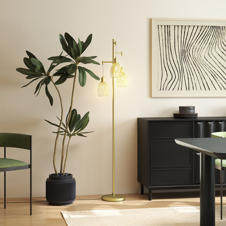 3-Light Floor Lamp, 170cm Industrial Dimmable Standing Lamp with Steel Wire Cage Lampshades for Living Room, Bedroom, Dining Room, Study, Gold Tone